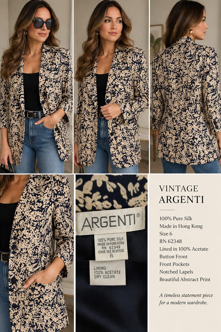 Vintage Argenti Silk Abstract Blazer Jacket Size 6 80s 90s